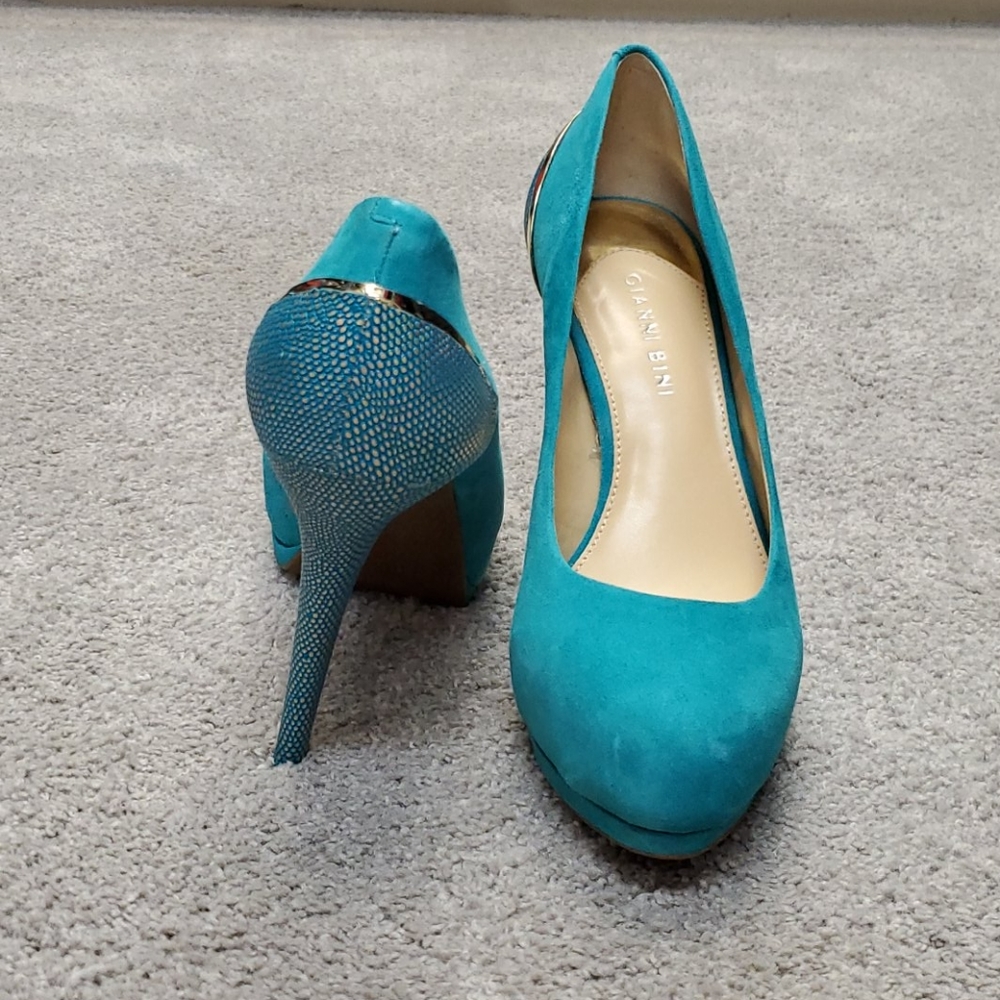 Aqua faux-suade and gold mermaid heels